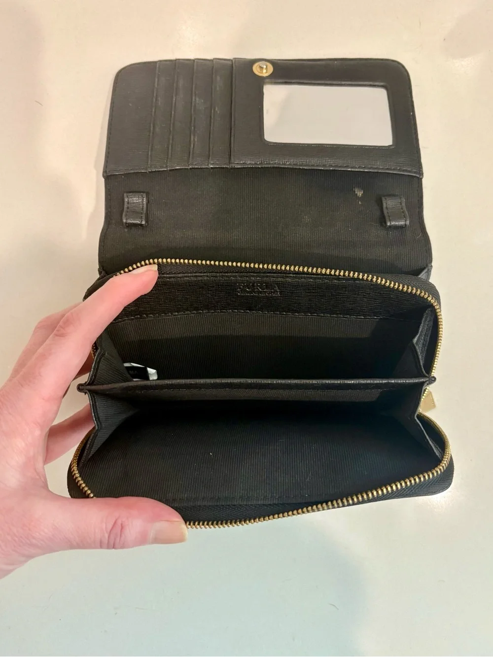 Furla Black Saffiano Leather Continental Wallet Gold Hardware